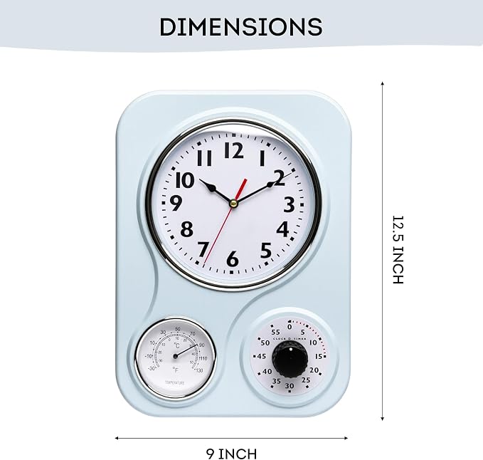 Lily's Home - 9 Inch x 12.5 Inch - Retro Kitchen Wall Clock, Vintage Wall Clock with a Thermometer and 60-Minute Timer, Ideal for Any Kitchen, Office, or Diner (Light Blue)