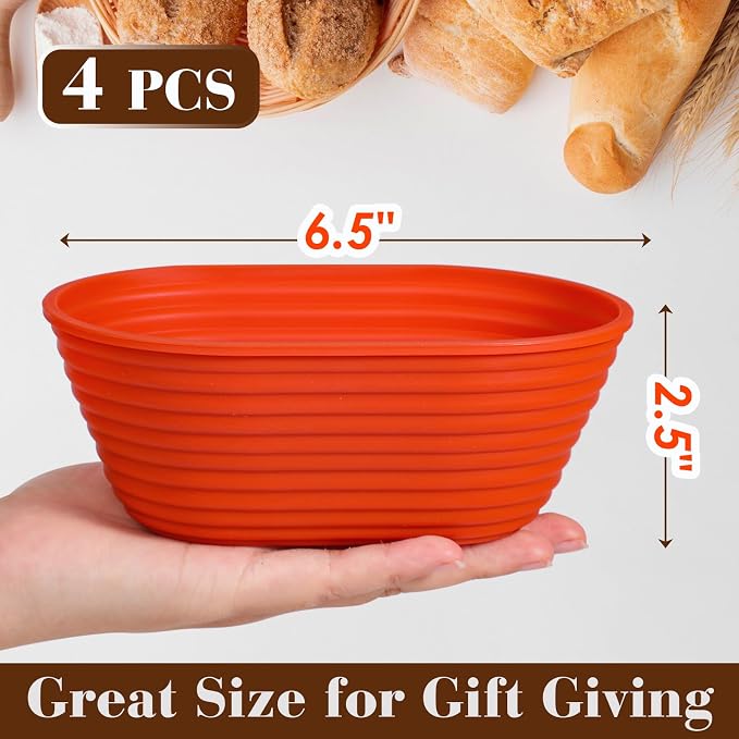 Webake 6 Inch Silicone Oval Small Banneton Basket, Mini Banneton Bread Proofing Basket for Sourdough Bread Soup Bowls, 4Pcs