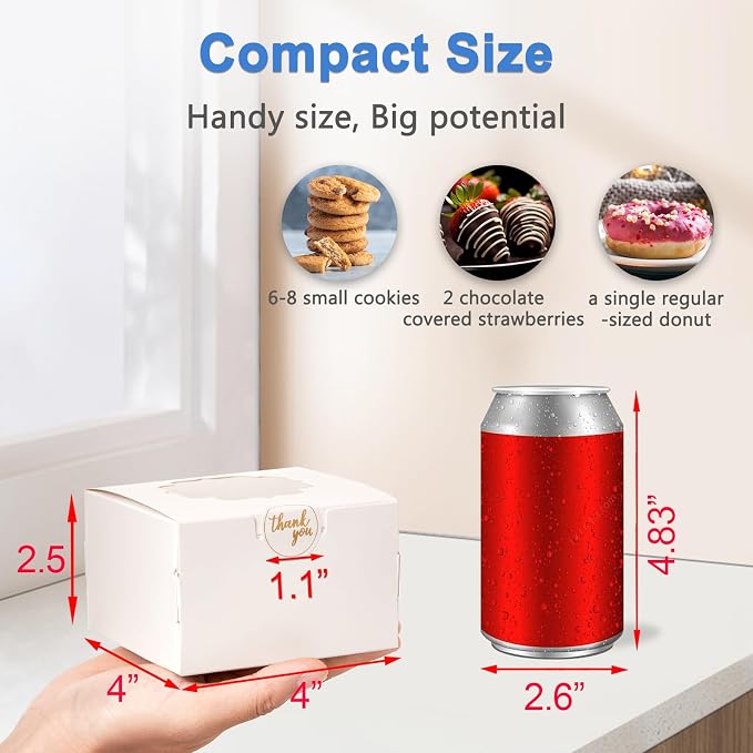 4-Inch Small Cookie Boxes 50 Pcs White - Bakery Treat Boxes with Window for Gifting, To-go Containers for Cake Slice, Macarons, Donuts 4x4x2.5