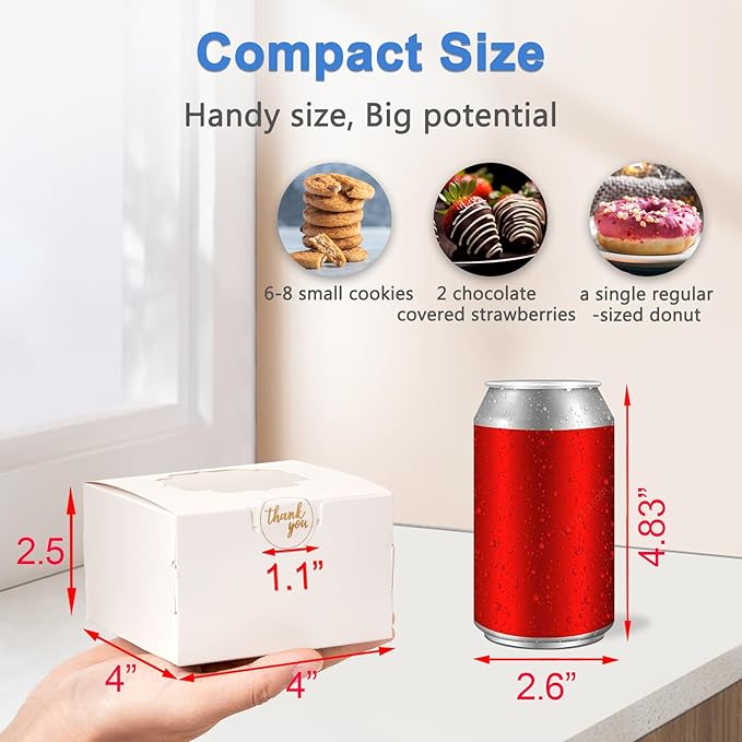 4-Inch Small Cookie Boxes 25 Pcs White - Bakery Treat Boxes with Window for Gifting, To-go Containers for Cake Slice, Macarons, Donuts 4x4x2.5
