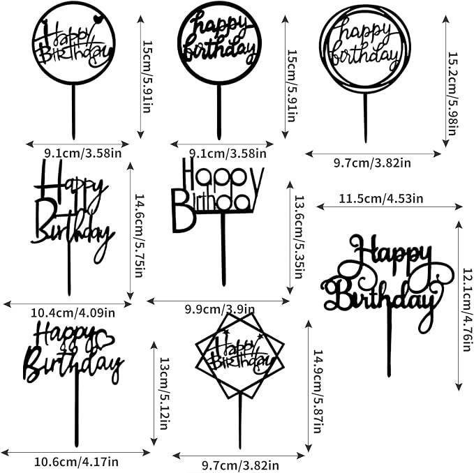 8 Packs Black Happy Birthday Cake Toppers, Acrylic Double-Sided Glitter Cupcake Toppers Set, Happy Birthday Party Sign Decorations Supplies