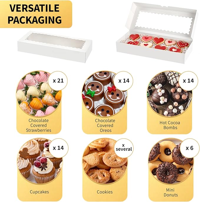 Ocmoiy 20 Pack Cookie Boxes, 16x6.5x2.5 Inch Bakery Boxes with Window, Auto-Popup Treat Box for Chocolate Covered Strawberries, Cocoa Bombs, Donuts, Muffins, Pastries