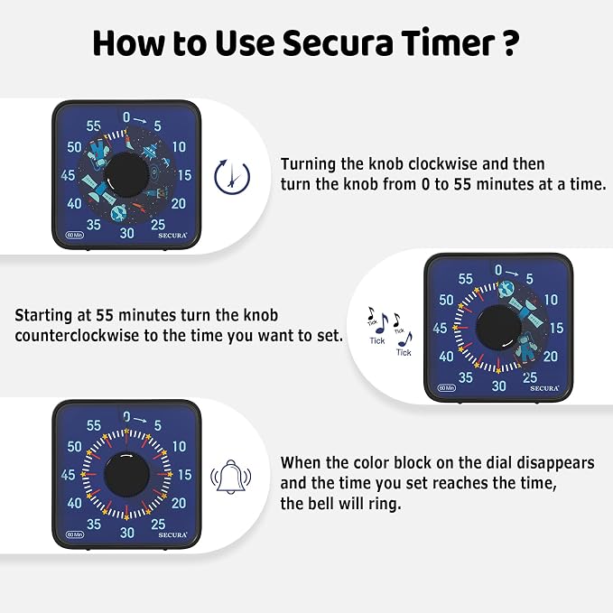Secura 7.5-Inch Astronaut Pattern Visual Timer for Kids, 60-Minute Countdown Timer for Classroom or Kitchen, Durable Mechanical Timer Clock with Magnetic Backing (Black)
