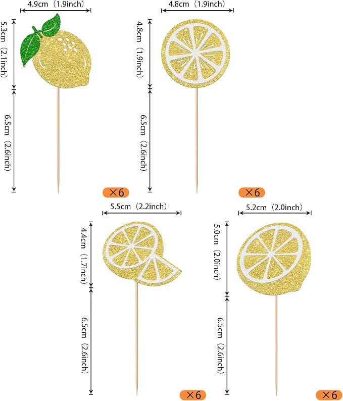 Rsstarxi 24 Pack Yellow Lemon Cupcake Toppers Glitter Fruit Lemon Cupcake Picks for Baby Shower Birthday Anniversary Party Cake Decorations Supplies