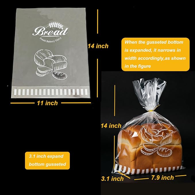 Reusable Plastic Bread Bags for Homemade Bread - 11‘'x14'' Clear Bakery Bag with Twist Tie Closure Reduces Moisture,Cello Pastry Storage for Sourdough, Artisan Loaves, Bagels or Buns