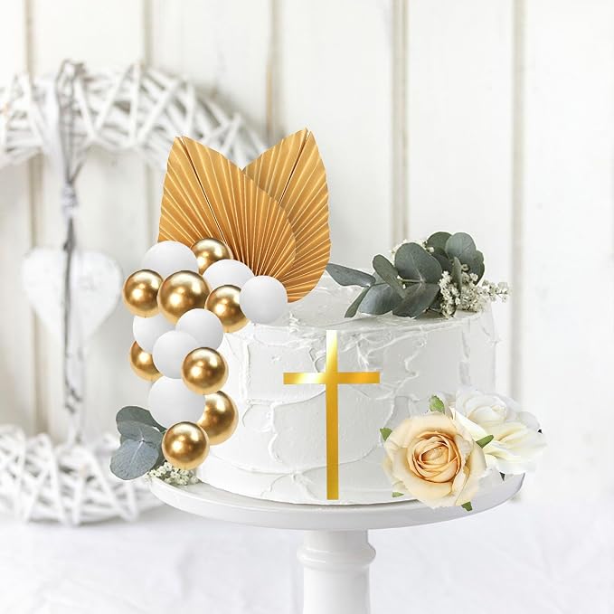 Rsstarxi Gold Cross Cake Decoration with White Gold Rose Balloon Cake Picks for Baptism Baby Shower Wedding Birthday Party DIY Cake Decorations Supplies