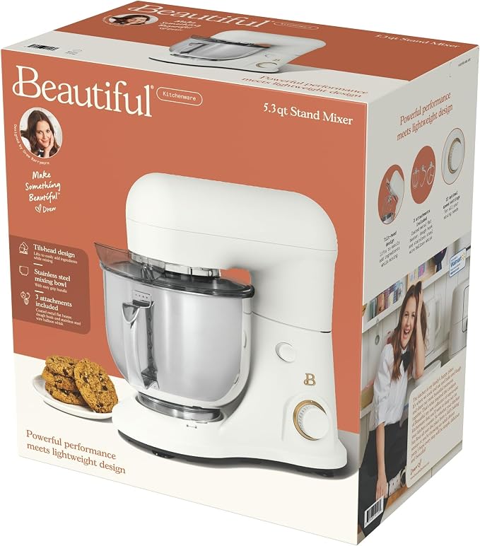 IT'S BRAZILIAN Beautiful 5.3 Qt Stand Mixer, White Icing with Flat Beater, Dough Hook, Balloon Whisk
