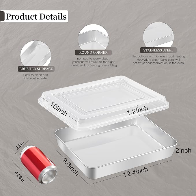 GIUOIDUO Premium Stainless Steel Baking Pan with Lid (2 Pack) – Rectangular Cake Pan, Heavy Duty Metal Bakeware for Lasagna, Brownie, Food Storage Container, Dishwasher Safe & Non-Toxic