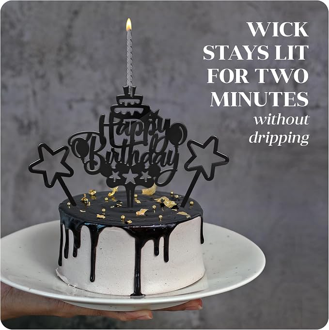 Happy Birthday Acrylic Cake Topper Candle, Black, 2 Wicks