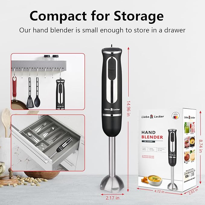 Liebe&Lecker Immersion Hand Blender 300W Handheld Electric Stick Blender | 2 Speed Stainless Steel Handheld Blender, Small Soup Blender Smoothie Maker, Zero BPA Food Processor Kitchen Appliances