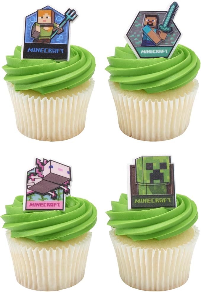 DecoPac Minecraft Lush Finds Rings, Cupcake Decorations Featuring Creeper, Alex, Steve and Axolotl! Multicolored 3D Food Safe Cake Toppers – 24 Count (Pack of 2)