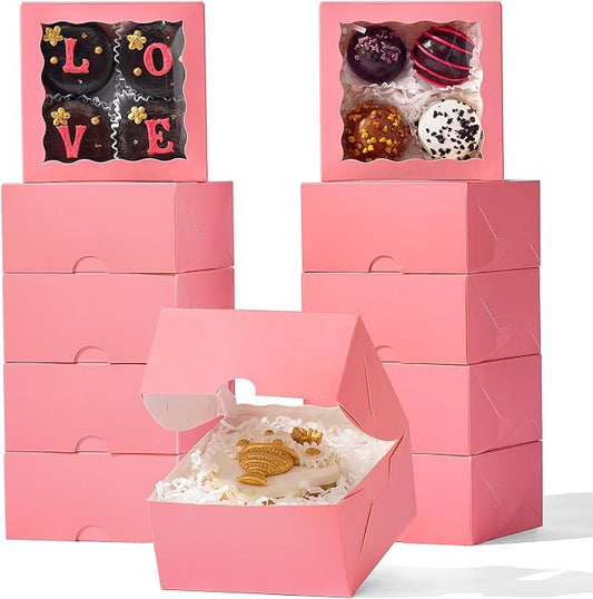 80 Pack 4x4x2 Pink Bakery Treat Boxes with Clear Window for Cookies, Mini Cake, Cinnamon Roll, Chocolate Truffle, Wedding Favor