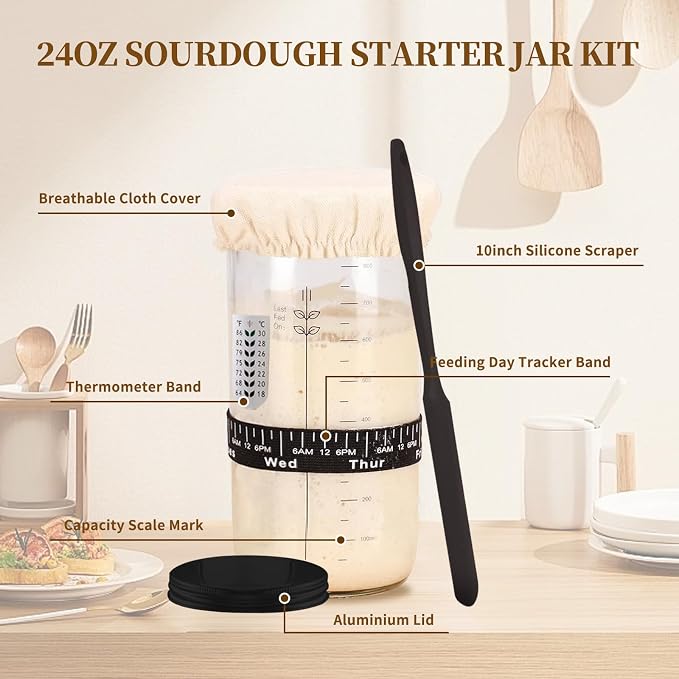 Sourdough Starter Kit 10" Round Banneton Bread Proofing Basket | Sourdough Bread Baking Supplies - Starter Jars, Bread Sling, Scoring Lame, Dough Whisk & Scrapers,Sour Dough Kits for Bakers