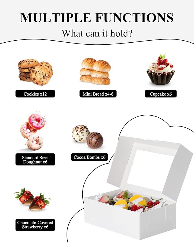 COTOPHER 10Pcs Cookie Boxes with Ribbons, 9x6x3 Inch Bakery Boxes with Window, White Treat Containers for Pastries, Chocolate Covered Strawberries, Dessert, Easter Candy, Muffins, Donuts
