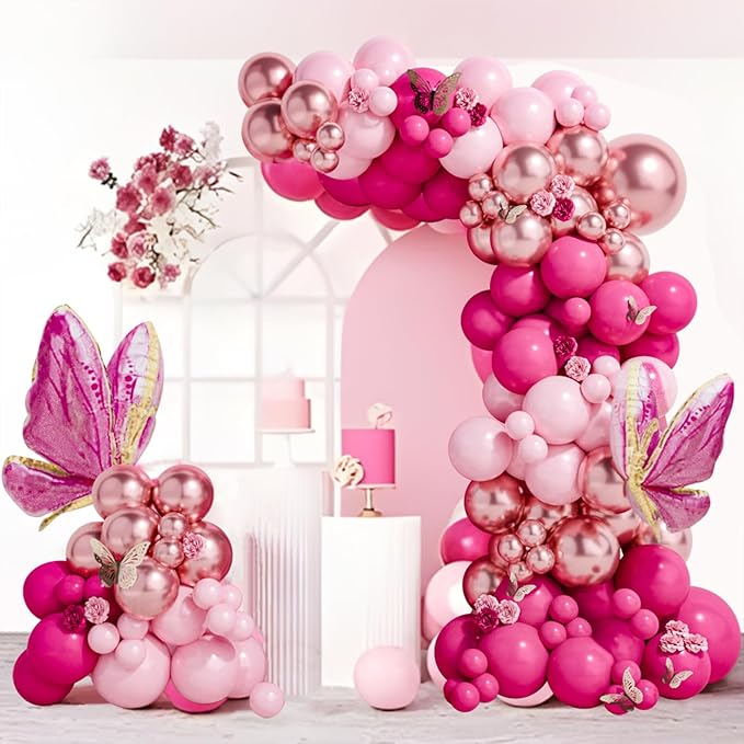Pink Butterfly Balloon Arch Garland Kit 112pcs Pastel Pink Rose Gold Balloons with 2pcs Butterfly Foil Balloons for Birthday Party Decorations Baby Shower Decorations for Girls