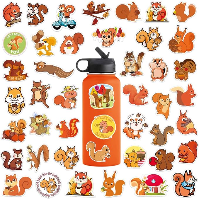 50 Pcs Squirrel Stickers for Water Bottles, Waterproof Vinyl Cute Animals Stickers for Scrapbook, Decorative Decals for Laptops, Fun Stickers for Boys, Girls