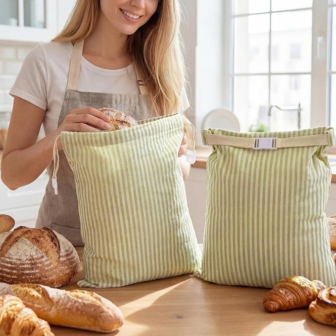 2 Pack Reusable Striped Bread Bags Set with Drawstring Cotton Linen Food Storage Bags for Homemade Bread & Sourdough 17"x 13" Lined Food Bag Cover Keep Loaves Fresh Longer(Green Stripes)