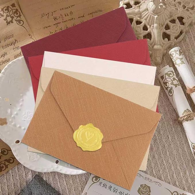 50 Pack 4x6 Crimson Linen Envelopes with Gold Wax Seals - Handmade Look A6 Vintage Envelopes & Self-Adhesive Seal Stickers for Greeting Cards, love letter, Wedding, Party Invitation