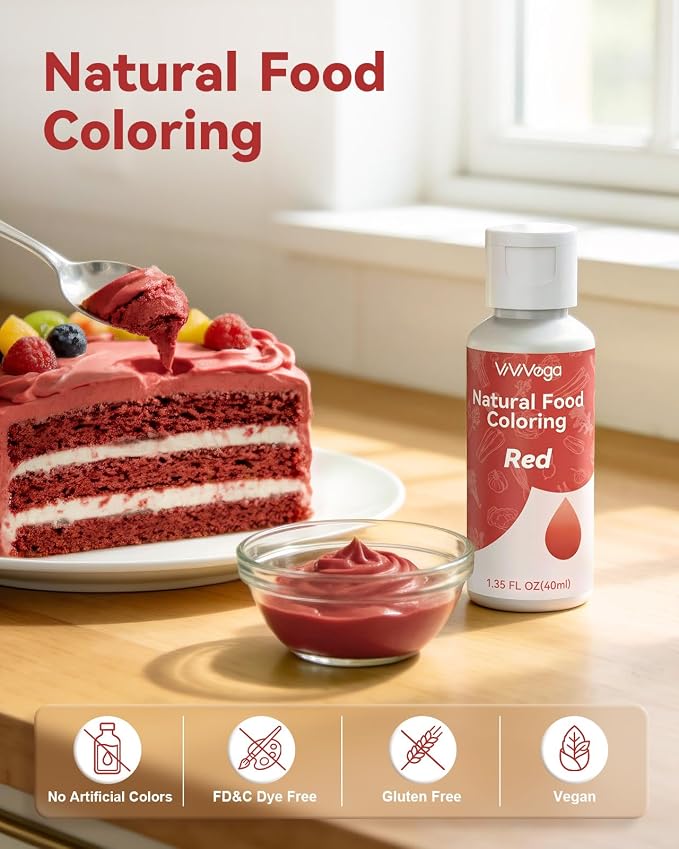 Dye-Free Food Coloring, Natural Food Coloring Gel No Artificial Dyes, Non-Toxic, Natural Food Dye for Icing, Frosting, Cake Decorating, 40 Milliliters - Red