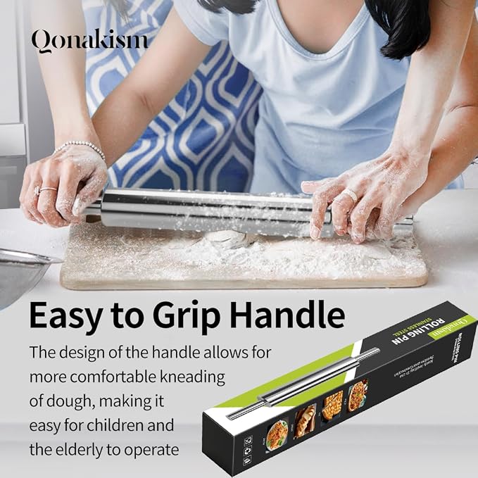Rolling Pin (17 Inches) –304 Stainless Steel Roll Pins for Baking Pizza Dough Pie Cookie-Dough Roller& Smooth Construction - Essential Kitchen Utensil