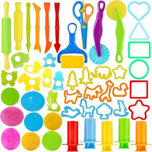 LCY WEDSHI Dough Tool Set, 49 Pcs Dough Tools Sets for Kids Ages 4-8, Dough Accessories Includes Animal Molds, Cutters Roller, Rolling Pins, Safety Scissors, Plastic Knife