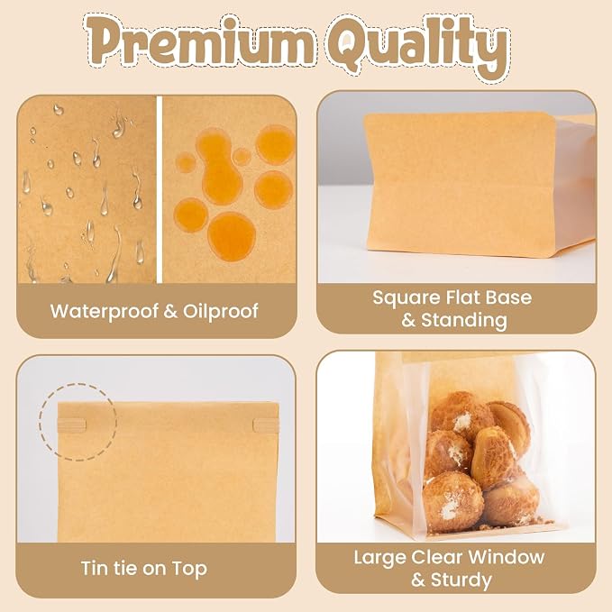 HONKID Bread and Cookie Bags with Seal, 150 Pack 11 x 5.1 x 3.9 Inches Bakery Bags with Window Reusable Tin Tie Tab Lock for Sealed Baked Goods Packaging for Pastry Bagels Breads Treats Cookies Brown