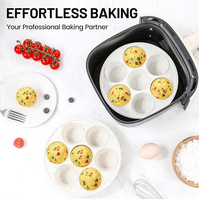 Vinino Silicone Air Fryer Muffin Pan with Reinforced Frame, Egg Bite Mold | 7 Cup Air Fryer Accessories, Silicone Muffin Pans for Oven, Perfect for Egg Bites, Muffins, Tarts and Quiche, BPA-Free, Cream