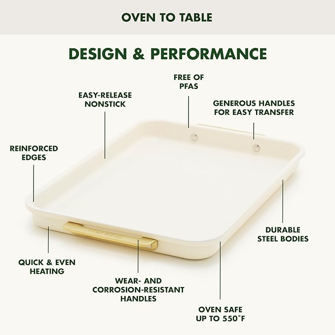 GreenPan Bakeware 13" x 9" Quarter Sheet Pan, Ceramic Nonstick Baking Pan, PFAS & BPA Free, Gold Handles, Durable Steel, Versatile & Space Saving Ovenware, Freezer to Oven Dish, Cream