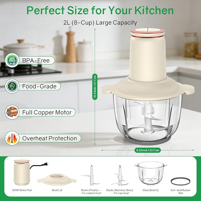 Food Processors 300W Electric Chicken Shredder Meat Grinder with Dual Blades and Full Copper Motor, 2L Food Chopper for Meat/Cooked Chicken Breast/Fish/Vegetable/Baby Food/Pet Food(Large) (2L)