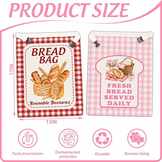 2 Pack Reusable Beeswax Bread Bags, Plaid Decor Bread Bag for Sourdough, Fresh Bread Served Daily, Reusable Linen, Natural Beeswax Storage Bag, Food Storage Cloth with Buckle 13 * 17IN