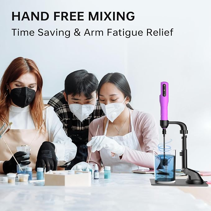 Rechargeable Resin Mixer with Stand | 3 Speeds Control | Timed Stop Function | 4 Electric Stirrer Paddles for Epoxy Resin, Silicone, Paint Mixing, Soap Making, Resin Tools, DIY Crafts (Purple)