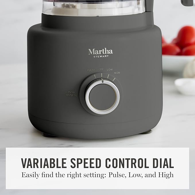 Martha Stewart Food Processor, 10-Cup Electric Chopper for Slicing, Shredding, Mincing and Puree, BPA-Free Twist & Lock Bowl, 3 Multipurpose Blades, Variable Speed Dial, Wide Feed Chute, Caviar Gray