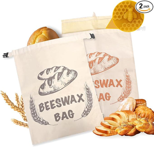 2-Pack XL Reusable Bread Bags For Homemade Bread With Removable Cotton Beeswax Lining, 13x17 Inches Ideal Bag For Home Baking