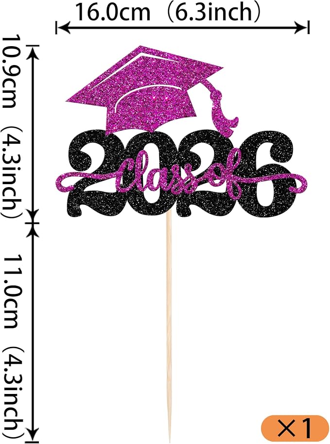 1 Pack Class of 2026 Cake Topper Glitter Congrats Grad Cap 2026 Graduation Cake Pick for 2026 Graduation Theme High School Boys Girls Graduate Party Cake Decorations Supplies Black Purple