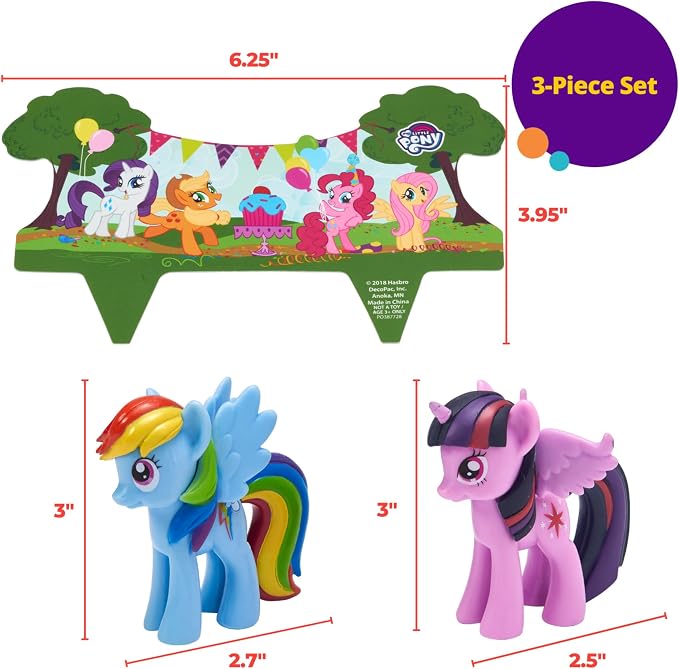 DecoPac My Little Pony Cake Topper, 3-Piece Cake Decorations with Rainbow Dash and Twilight Sparkle Ponies for Fun After the Birthday Party, 3"