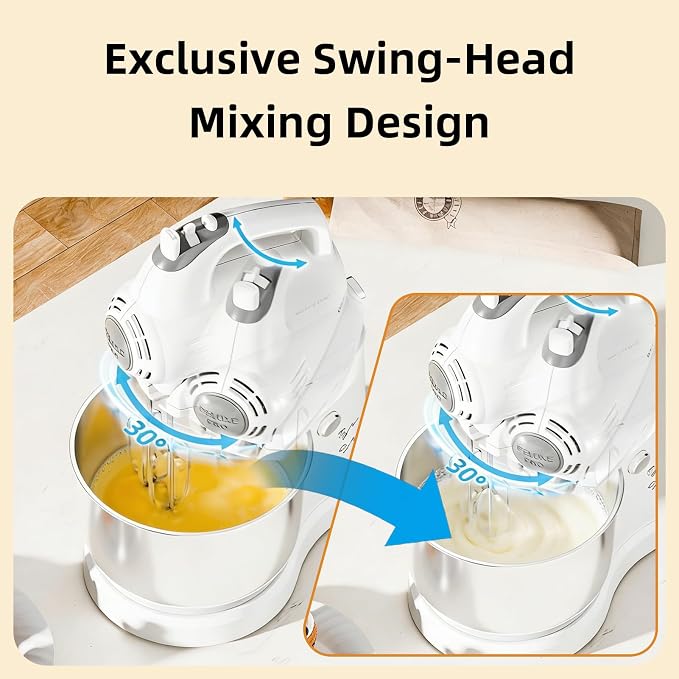 3.2QT 2-in-1 Stand Mixer, Electric Kitchen Mixer with Auto-Rotating Bowl & Tilt-Head, 5-Speed 250W Turbo Baking Machine for Beginners with Beater & Dough Hook for Cookie, Bread, Cake (White)