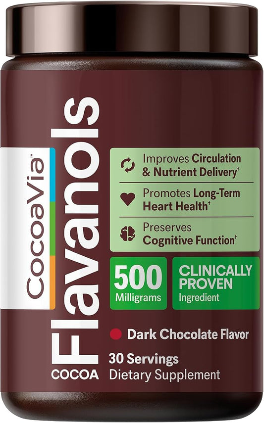CocoaVia Cocoa Flavanols 500mg – Heart and Brain Support, High Flavanol Cocoa Extract, Boosts Nitric Oxide, Blood Circulation and Memory, Preworkout, Vegan, Gluten-Free, Dark Chocolate, 30-Day
