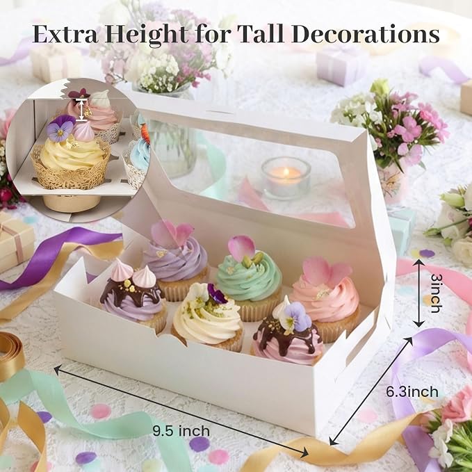 VGOODALL 6 Count White Cupcake Boxes, 15 Pack Cupcake Containers, 9.5 x 6.3 x 3 inches, Holding 90 Pastry Box for Birthday Holiday Party Bakery Supplies