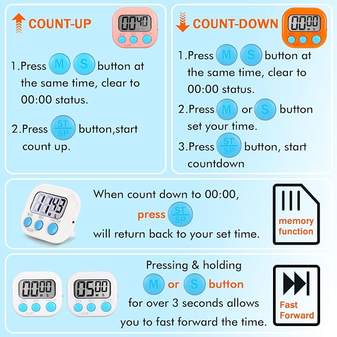6 Pack Multi-Function Electronic Timer, Learning Management, Suitable for Kitchen, Study, Work, Exercise Training, Outdoor Activities(not Including Battery)