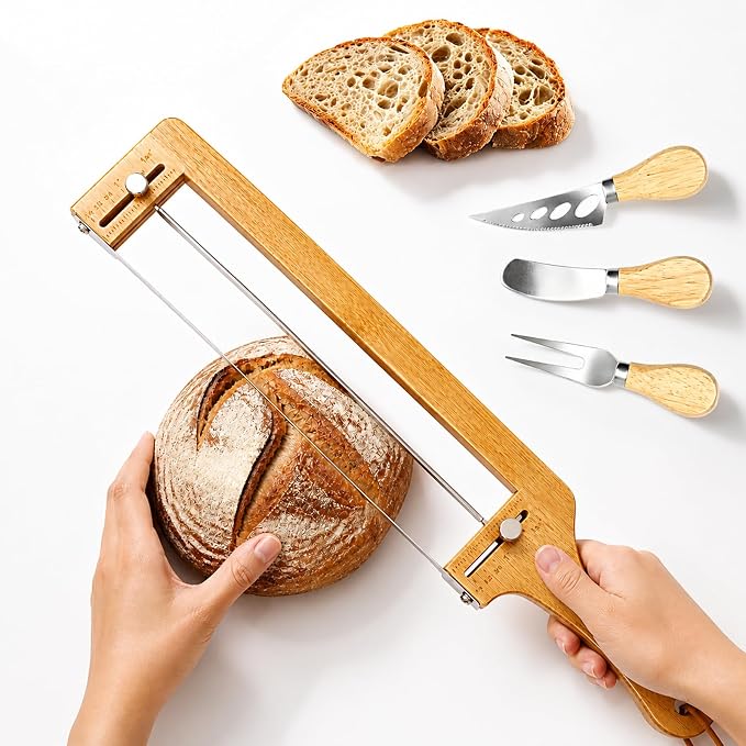 Adjustable Bread Knife with 3 Cheese Knives & Butter Knives, Adjustable Bread Slicer for Homemade & Sourdough Bread, Sandwich Bread Slicer with Thickness Guide, Serrated Bread Bow Knife