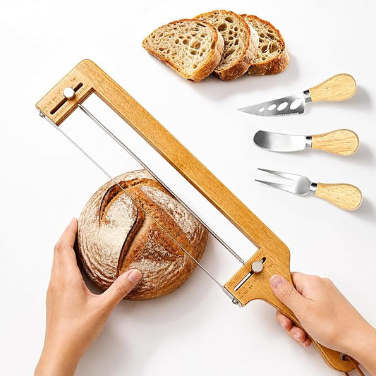 Adjustable Bread Knife with 3 Cheese Knives & Butter Knives, Adjustable Bread Slicer for Homemade & Sourdough Bread, Sandwich Bread Slicer with Thickness Guide, Serrated Bread Bow Knife