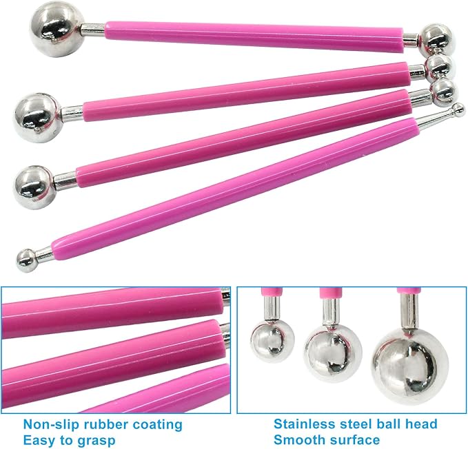 4Pcs Metal ball Fondant Tool Stainless Steel Modelling Ball Tools Set DIY Cake Decorating Tool for Sculpting and Shaping (Red)