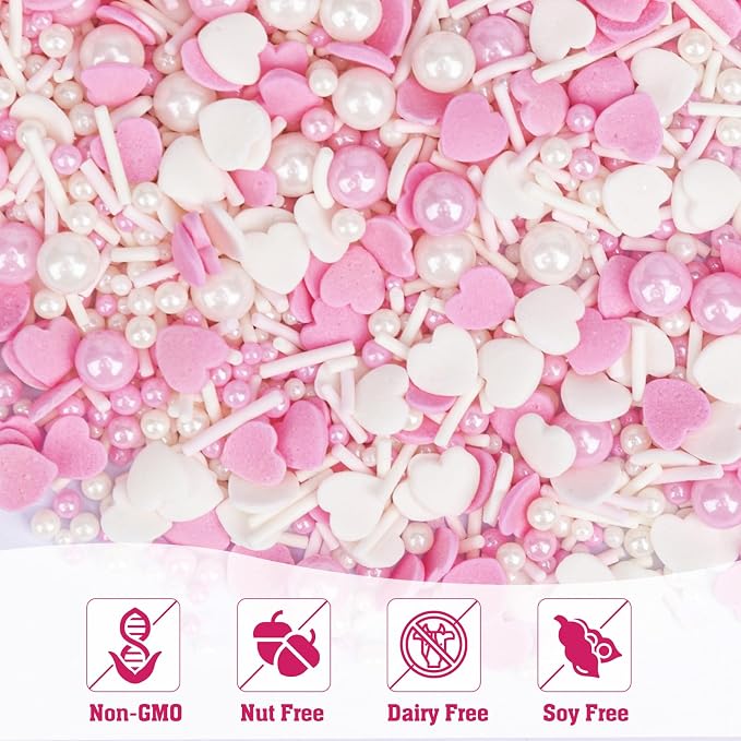 Twisweet Edible Pink Sprinkles for Cake Decorating, Pink Pearls Heart Sugar Sprinkles Mix Baking Candy, Cake Topper Cupcake Cookie Ice Cream Decorations, Valentine Mother's Day Birthday Wedding Baby Shower Party Supplies (130g/4.58oz)