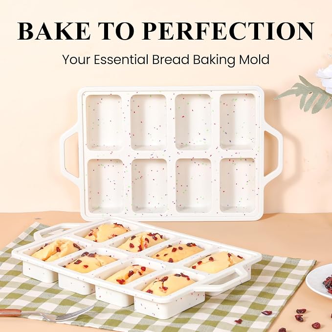 FUNBAKY Mini Loaf Pans with Metal Frame - Silicone Bread Loaf Pan 8-Cavity BPA Free Nonstick for Baking Banana Bread, Cakes, Brownies, Meatloaf 2 Pack