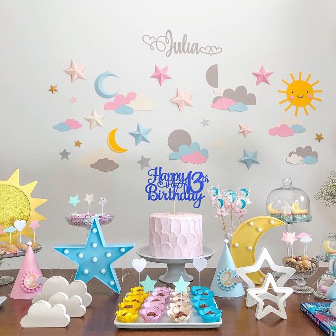 1 PCS Happy 13th Birthday Cake Topper Glitter Cheers to 13 Years Birthday Cake Pick Official Teenager 13 Fabulous Cake Decoration for Happy 13th Birthday Theme Party Decorations Supplies Blue