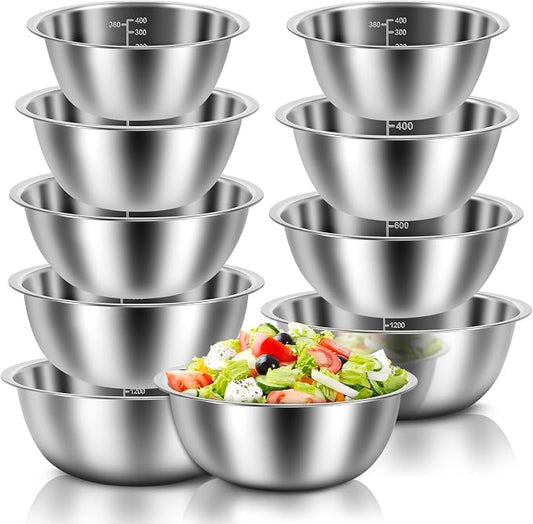 10 Pack Stainless Steel Bowls, Nesting Mixing Bowl Set with Scale Marks, 5 Different Size (4.5, 3,2,1.5,0.7QT) Baking Metal Mixing Bowls for Kitchen Food Prep Storage And Serving, Cooking, Baking (10)
