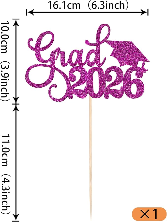 1 Pack Grad 2026 Cake Topper with Glitter Congrats Grad Cap Class of 2026 Cake Pick Decorations for 2026 Graduation Theme School Boys Girls Graduate Party Supplies Purple