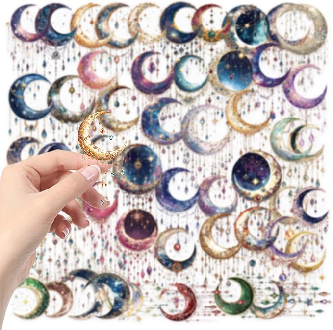 50PCS Dreamy Moon Crystal Gem Stickers Fashionable Transparent PET Material Decorative Sticker Clear Celestial Vinyl Decals with Stars,Crystals Galaxy Designs for Collectors,DIY Lovers...(Moon)