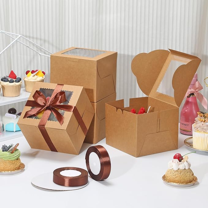 KPOSIYA 40pcs 6x6x5 inch Mini Cake Boxes with Cake Boards (20 Boxes & 20 Boards), 6 inch Brown Small Cake Boxes with Lids，Cajas de mini pastel Bakery Boxes with Window for Christmas Thanksgiving