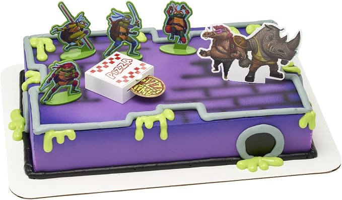 DecoSet® Teenage Mutant Ninja Turtles™ Pizza Power Cake Topper, 6-Piece Cake Decoration With Turtle Figurines, Cake Pic, And Pizza Launcher ! | For Birthday, Parties, Celebration